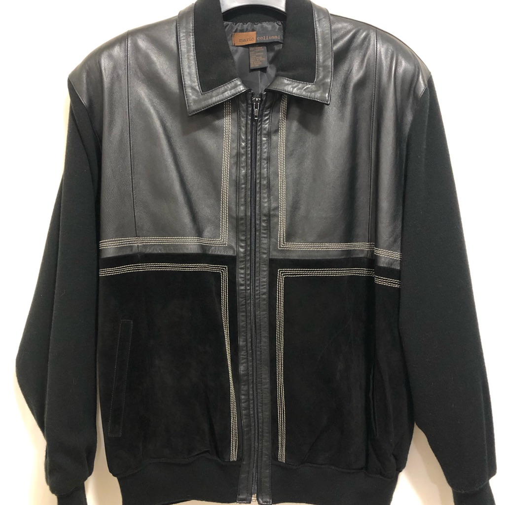 Womens Mario Cellini Genuine Leather Block Print Black Reverse Stitch Jacket